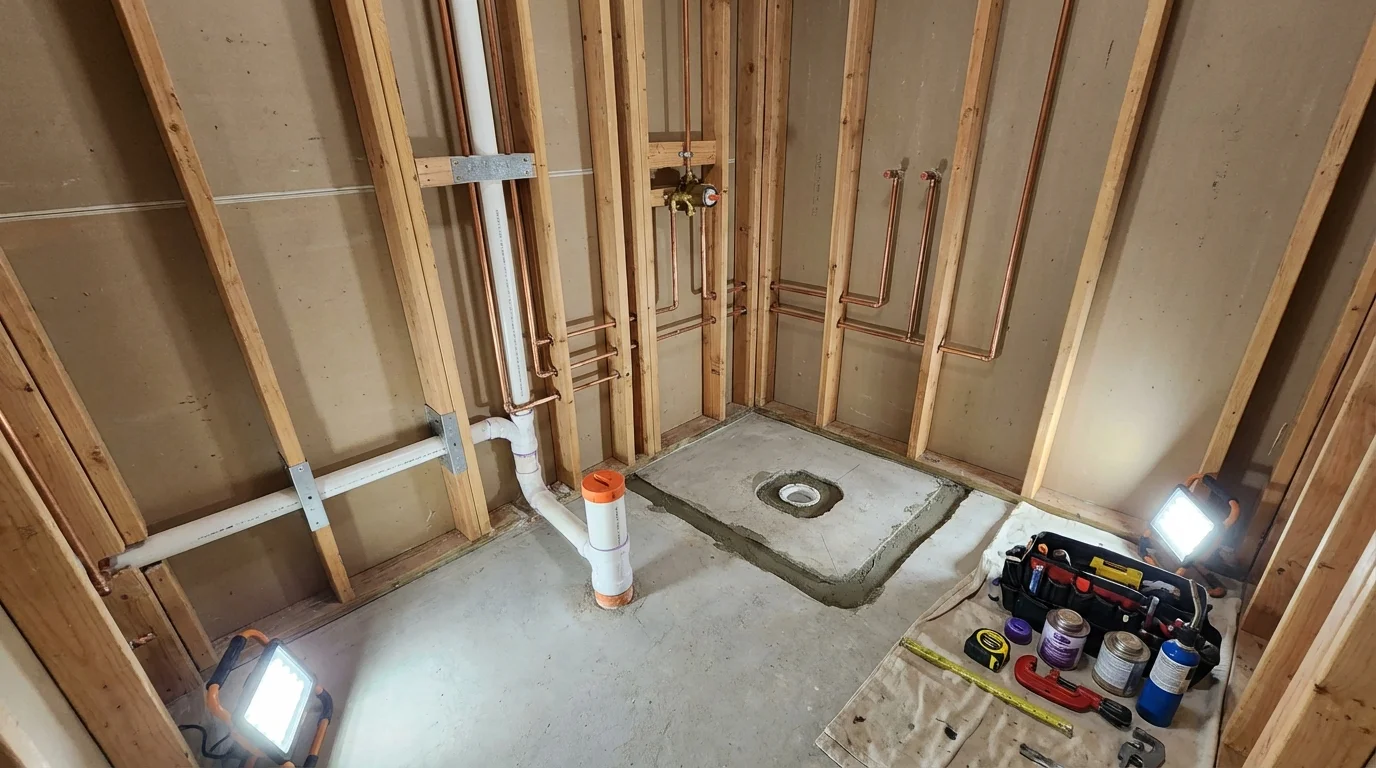 Bathroom rough-in plumbing during remodel by Johns Plumbing LLC in Gridley