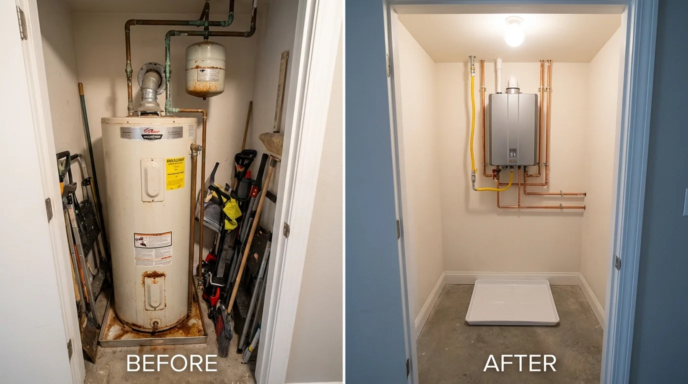 Tank water heater versus wall-mounted tankless unit comparison for Gridley, IL homeowners