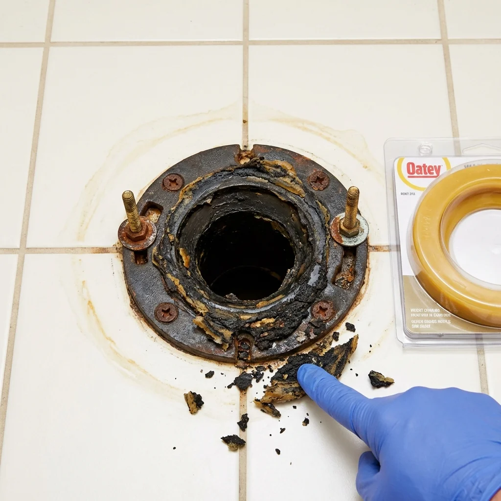 Failed wax ring showing water seepage at the base of a toilet in a Gridley, IL home