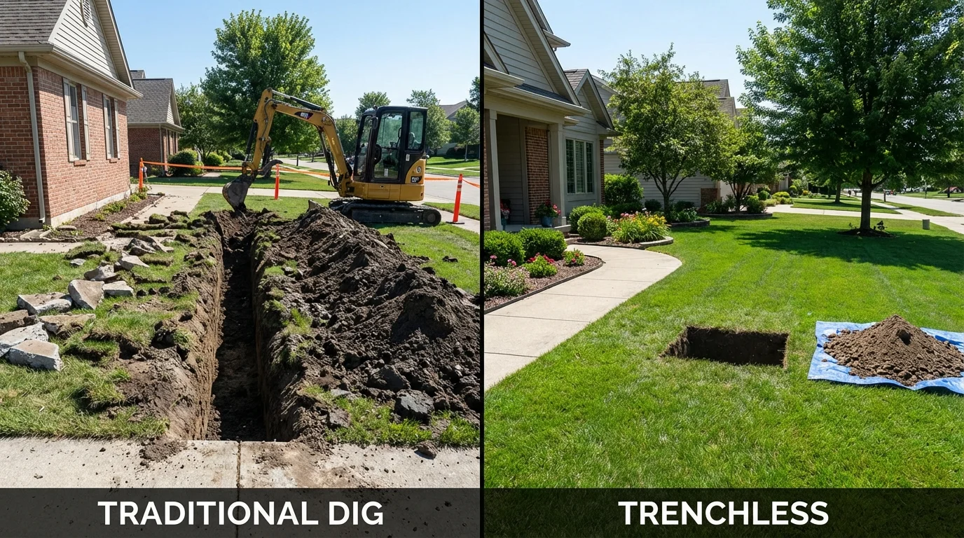 Trenchless sewer repair with minimal yard damage versus traditional excavation in Gridley, IL