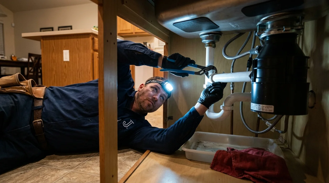 P-trap and supply line connections under a kitchen sink showing a common leak point in Gridley, IL